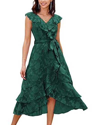 Vestido Cóctel Elegante Midi Casual Sin Mangas Gasa para Mujer con Volantes Verdes