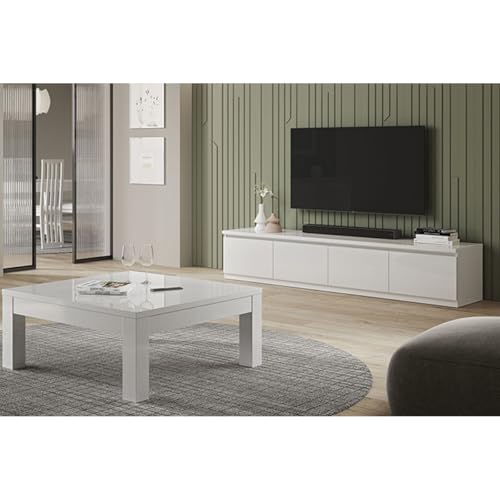 AltoBuy DEYTON - Ensemble Salon Laqué Blanc Meuble TV 4 Portes + Table Basse Carrée