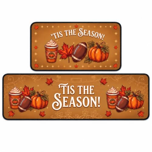 Fall Football Kitchen Mats Non Slip Thanksgiving Decor Rugs Set of 2 - image 1