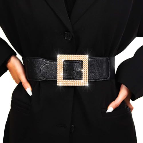 Rhinestone Lady Belt Wide Elastic Dress Belts Crystal Stretch Waistband Cinch High Waist Square Buckle Belts for Women