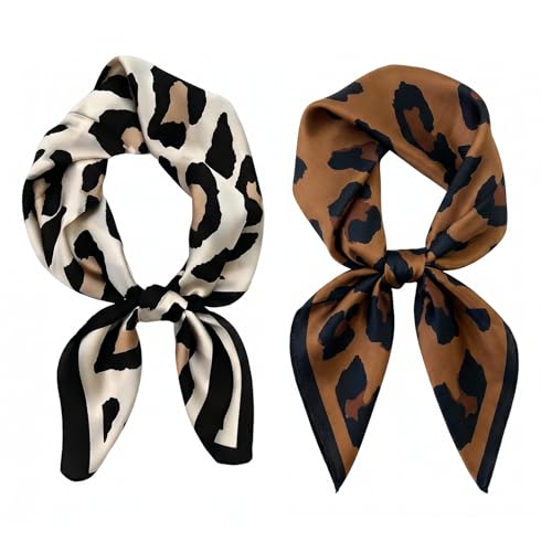 Solvio 2 Pack Leopard Print Silk Scarf for Women Multipurpose Satin Neck Scarf and Hair Bandana Lightweight Square Headscarf for Summer Beach Travel Vacation 70x70cm