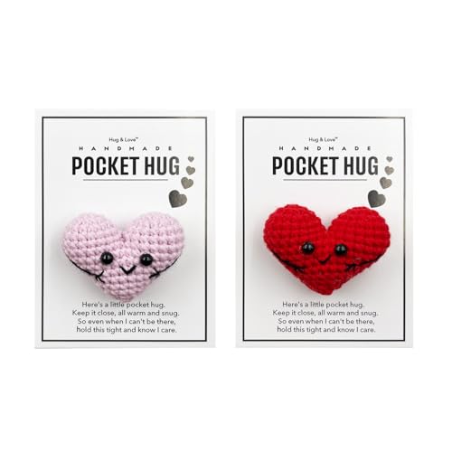 Gifts for Girlfriend Boyfriend, Handmade Cute Crocheted Pocket Hug Token, Small Gifts, Greeting (Pink Heart, Red Heart)
