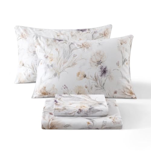Image of Vintage Brown Floral Percale Bed Sheets Full Size Deep Pocket 4Pcs | 100% Cotton White Flower Sheet Set, Blooms Printed Shabby Chic Sheets, Cottagecore Luxury Bedding, Farmhouse, Soft Crisp