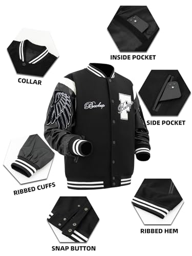 Mens Varsity Jacket Black Bomber Casual Baseball Outerwear Streetwear Coat Activewear Jackets with Wing Embroidery4