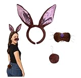 Nicky Bigs Novelties Adult Brown Bunny Ears Headband and Nose with Tail Set - Bendable Lightweight Simple Accessories - Easter Halloween Costume Headwear