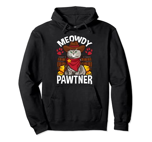 Meowdy Pawtner Funny Cat Cowboy Pullover Hoodie, Black, S