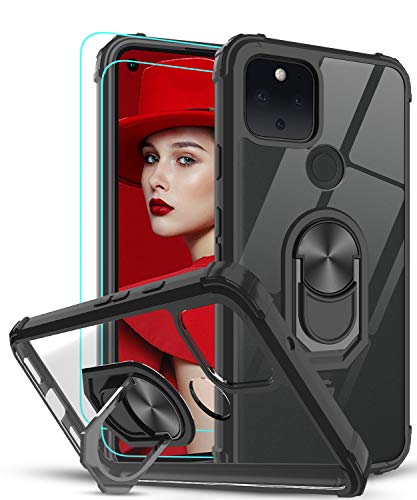 LeYi für Hülle Google Pixel 4A 5G mit Panzerglas Schutzfolie(2 Stück),Ringhalter Schutzhülle Crystal Clear Acryl Cover Air Cushion Bumper Handy Hüllen für Case Google Pixel 4A 5G Handyhülle Schwarz