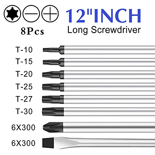 Iebuobo 8-Piece Extra Long Torx And Slotted Phillips Screwdriver Set, Length 12-Inch T10-T30, Plus Long Star Screwdrivers, Ph2 12" Long Cross-Head & Flat Blade Screwdriver #TOP5