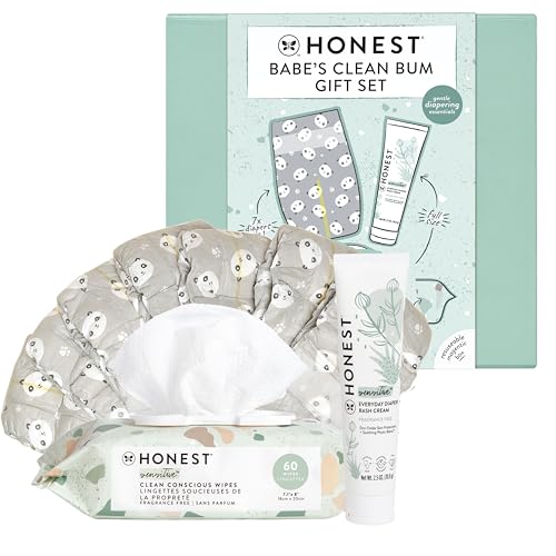 Image of The Honest Company Babe's Clean Bum Gift Set, Diapering and Newborn Essentials 99% Water Wipes 60 ct Diaper Rash Cream 2.5 oz Conscious Diapers Size 1