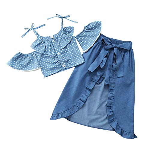 Toddler Girls Sleeveless Off Shoulder Denim Tops Skirts Set Baby Sling Crop Shirt Shorts Wrap Ruffle Summer (Blue, 18-24 Months) #TOP7