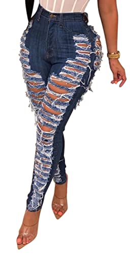 Lalalin Sexy Ripped Denim Jeans For Women Destroyed Washed Hole Mid Waisted Straight Leg Stretchy Denim Pants #TOP7