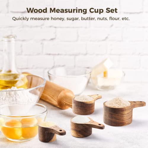 Wood Measuring Cup Set Of 4, Nestable Natural Wooden Measuring Cups, 1, 1/2, 1/3, 1/4 Cup Sizes, Kitchen Utensils For Measuring Flour, Sugar, Spices, Nuts, Baking Cooking Tools #TOP1