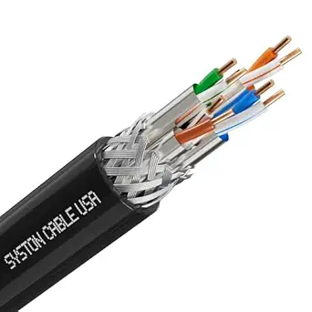 Syston Cable Cat8 Ethernet Bulk Raw Cable 2000MHz 2GHz 40GB 100 ft Solid Bare Copper S/FTP Individual electromagnetic Tinned Copper Braid Shield 22/4 4 Pair 22 AWG CMR FT4 UTP Black Order to Cut