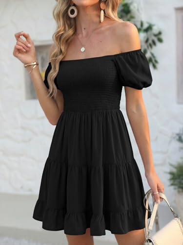 Image of Veatzaer Women's Puff Sleeve Square Neck Smocked Babydoll Dress Boho Floral Print Off Shoulder Ruffle Mini Short Dress