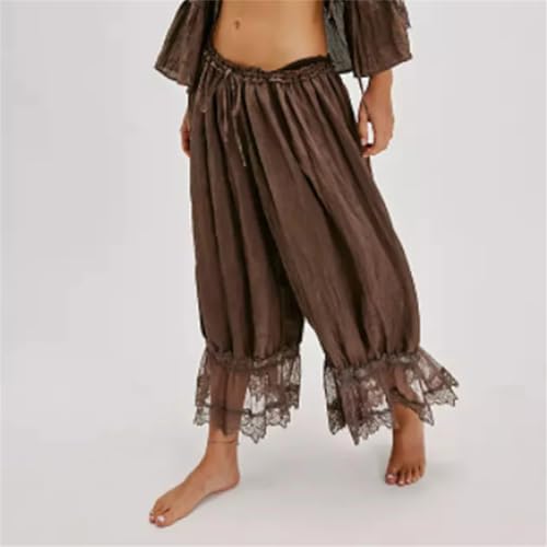 Mnjyihy Women's Loose Bloomers Cropped Pants Drawstring High Waist Floral Lace Patchwork Calf-Length Trousers4