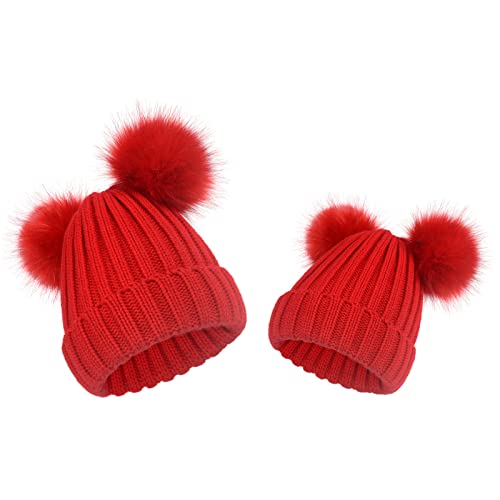 Bonnet chaud en tricot à double pompon fausse fourrure isolation thermique tête et oreilles