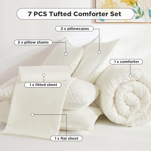 Image of Andency Super King Plus Comforter Set Ivory - 7 Pieces Bed in a Bag Oversized King Bedding Sets, Boho Tufted Lightweight Fluffy Bed Set with Comforter, Sheets, Pillowcases & Shams