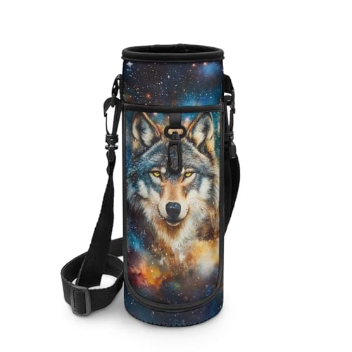 Biyejit Bolsa para botella de agua con cremallera para niños, con correas ajustables para el hombro, para niños, deportes, gimnasio, Galaxy Wolf, talla única, Organizador de bolsas