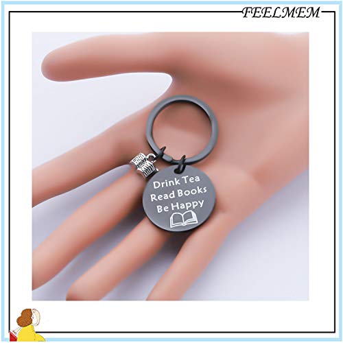 Image of FEELMEM Tea Lovers Drink Tea Read Books Keychain Party Gift Literature Book Lovers Jewelry Gift for Readers, Bookworm, Book (Drink Black)