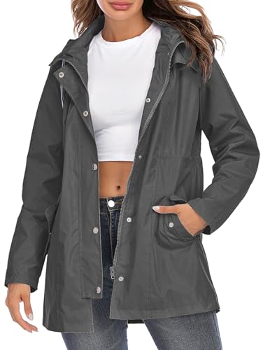 Kikibell Women's Lightweight Raincoat Ladies Waterproof Windbreaker Rain Coat with Hood for Fall Wine Spring Dark Grey XL - Thumbnail 2
