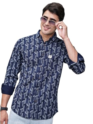 Majestic Man Custom Geometric Printed Pure Cotton Slim Fit Casual Shirt (Dark Blue, Small)