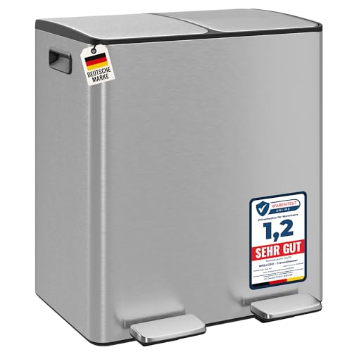 WELLGRO Treteimer, Mülleimer, Edelstahl Tretmülleimer mit 2 x 20 Liter, klappbaren Fußpedalen, Absenkautomatik und praktischen Tragegriffen, Farbe:Silber