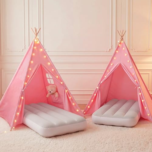 Wilwolfer Pink Sleepover Teepee Tent for Kids-2 Pack Tipi Playhouse for Kids with Lights& Flag& Inflatable Airbed -Indoor/Outdoor Foldable- Slumber Party Tent -Sleepover Party Supplies