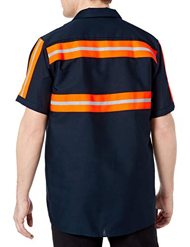 Image of Red Kap Men's Size Enhanced Button Down Work Shirt, Regular Fit, Short Sleeve, Navy with Orange Visibility Trim, 2X-Large /Tall