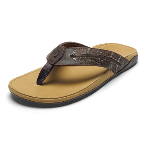 OluKai Tuahine Palm Men's Waterproof Full-Grain Leather Flip Flops, Arch Support Beach Sandals, Wet Grip Outsole for All-Day Comfort, Dk Java/Golden Sand, 10 - image 1