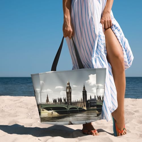 (London) Large Beach Tote Bag For Women With Zipper Foldable Lightweight Travel Pool Bag For Vacation Shopping 6