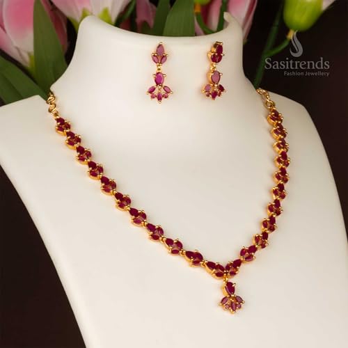 Image of Sasitrends Micro Gold Plated American Diamond Ruby stone Studded Necklace Jewellery Set