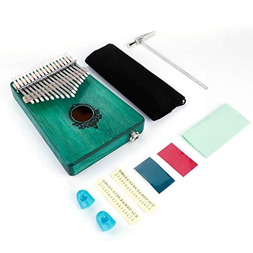 17鍵親指ピアノ、ポータブルマホガニー木製フィンガーピアノ、内蔵ピックアップ、初心者と初心者向けの17個の金属鍵親指、チューニングハンマーとキャリー付き (緑)