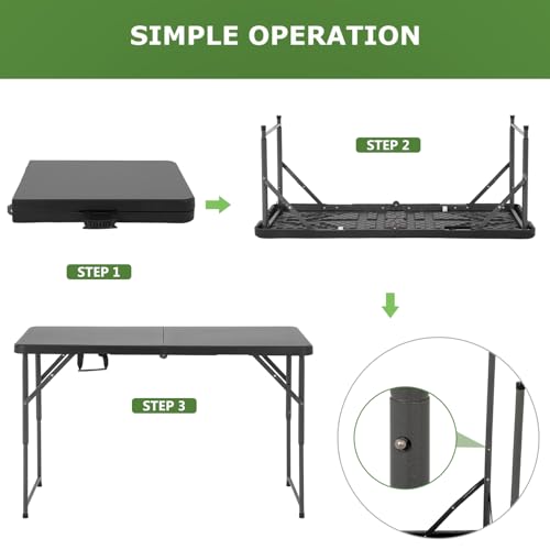 Image of BestOffice 4 FT Picnic Table Folding Table Camping Plastic Table Fold Up Table Lock for Party Event, Black
