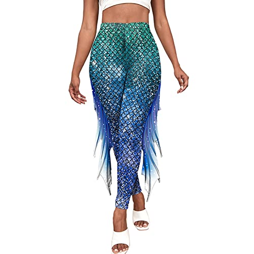 RUITOTP Damen Meerjungfrau Leggings, Glanz Leggings Fisch Schuppen Scale, für Faschingskostüm Karneval Kostüm (Blau, XL)