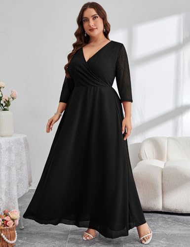 ZOMVA Plus Size Maxi Formal Dress Lace Chiffon Floral V-Neck Wrap Wedding Guest Evening Gown Cocktail Prom 3/4 Sleeves2
