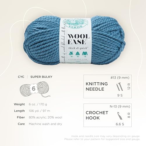Image of Lion Brand Yarn, Wool-Ease Thick & Quick Yarn, Air Force, Blue, 3 Pack | Super Bulky Wool Acrylic Blend Fiber for Soft Hats, Sweaters, Chunky Blankets, Yarn for Crochet, Knitting, Crafts, Weaving