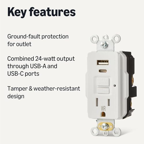 Image of Amazon Basics Weather Resistant GFCI Receptacle with USB-A and USB-C Ports, 15 Amp Self-Test Outlet, Tamper Resistant, White, 1 Pack