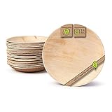 Cada plato redonda está hecha de una hoja entera de la palmera de Areca y proviene de una colaboración directa y justa, producido en condiciones de trabajo social y salarios razonables