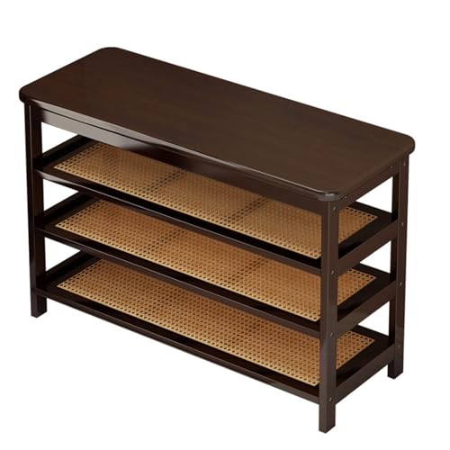 Banco de zapatos de madera de 3 niveles con parte superior de ratán, armario de almacenamiento ecológico para entrada, banco versátil para pasillos y puertas, acabado de nogal (75 cm)