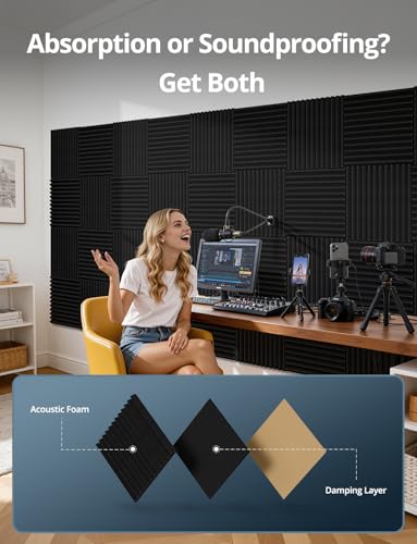 Image of Kuchoow Sound Proof Foam Panels for Walls Dampening and Absorbing Soundproof Acoustic Tiles, 8 Pack Self Adhesive Noise Damping & Cancelling Room Decor for Studio Recording Home Door, 12 x 12 x 1 Inch