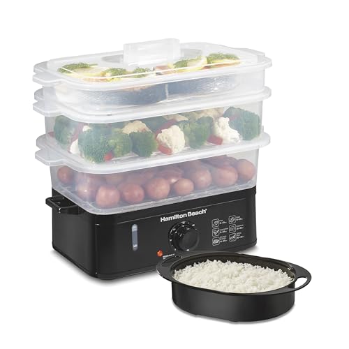 Hamilton Beach Electric Food Steamer, Rice Cooker & Egg Boiler for Quick, Fast Healthy Cooking with Stackable Three-Tier Bowls for Vegetables and Seafood, 9.5 Quarts, Auto Shutoff, Black (37430) by Hamilton Beach - Used condition - US$35.38