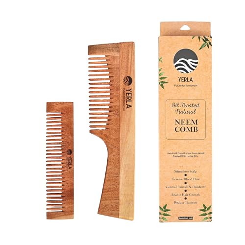 Image of YERLA Handmade Kacchi Neem Wooden Comb set for woman | Soaked in 17 Herbs & 4 Herbal Oils | Hair Growth, Frizz Control & Shine | Multi-Size Premium Combo (Pack of 2)