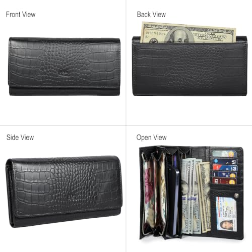 Image of Women's Top Grain Leather Wallet, RFID Blocking Bifold clutch, 17 Card Slots, Zip Pocket Organizer, Elegant Gift for Women - Birthday, Valentine, Anniversary - Croco Black