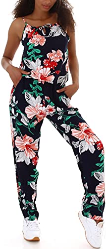 Jela London Damen Langer Overall Onesie Jumper Jumpsuit V-Ausschnitt Träger verstellbar Taschen Blumen, Navy 36-38 (S/M)