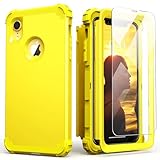 IDweel for iPhone XR Case with Screen Protector(Tempered Glass),3 in 1 Shockproof Slim Fit Hybrid Heavy Duty Hard PC Cover Soft Silicone Bumper Full Body Case,Yellow