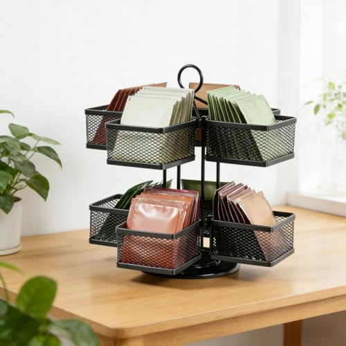 ASOUUNLD Boîte de Rangement pour Sachets de thé Rotatif à 360˚, Boîte à Thé avec 8 Compartiments Porte-sachets de Thé Boîte de Conservation en Métal...