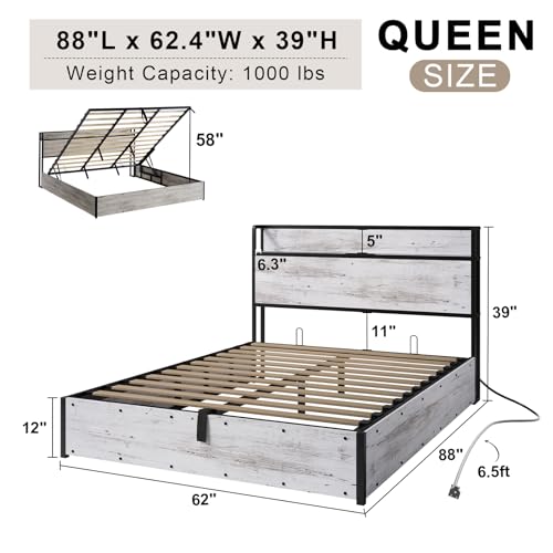 Image of AMERLIFE Queen Size Lift Up Storage Bed Frame, Wooden Platform Bed Frame with Lifting Storage & Charging Station, No Spring Box Needed /Noise Free, White Birch