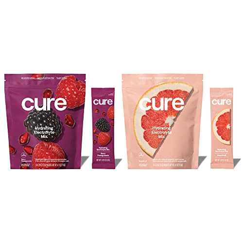 Cure Hydration Electrolyte Mix | Electrolyte Powder for Dehydration Relief | Made with Coconut Water | No Added Sugar | Vegan | Paleo Friendly | Grapefruit + Berry Pomegranate Bundle | 28 Packets