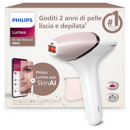 Philips Lumea Serie 9900, dispositivo di depilazione IPL, alternativa alla depilazione laser, tecnologia SenseIQ e SkinAI, 2 accessori per corpo e viso, BRI950/02