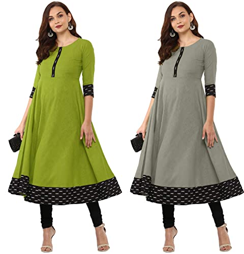 Image of NATEK Cotton Anarkali Printed Border Kurtis for Women Combo Pack of 2